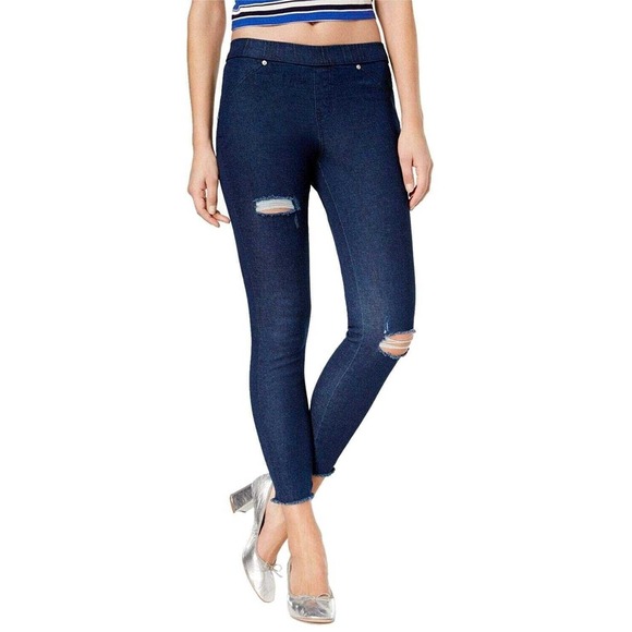 HUE Pants - HUE Women RIPPED KNEE DENIM Blue Skimmer Elastic Waist Small NWT